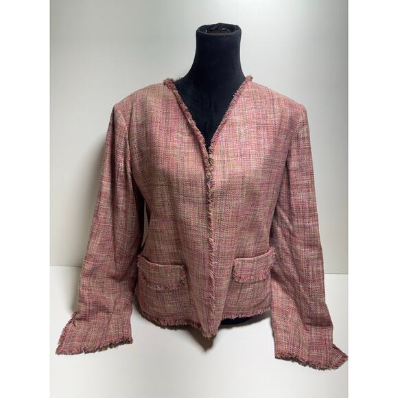 Jami’s Contemporary Women’s Tweed 100% Silk Pink Blazer Preppy Frayed Hem Sz 14 - Picture 1 of 11